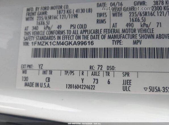 1FMZK1CM4GKA99616 2016 FORD TRANSIT-150 White Вид підкапотного простору
