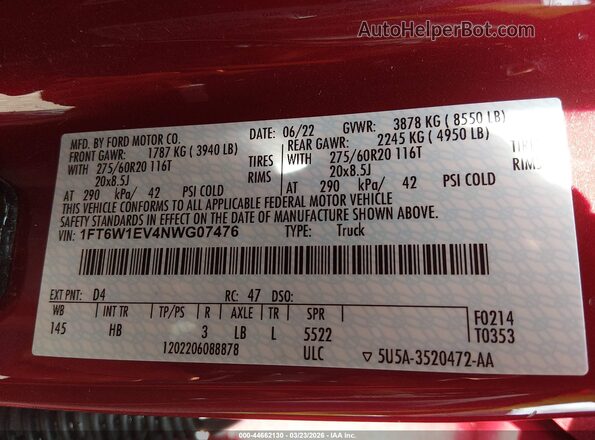 1FT6W1EV4NWG07476 2022 FORD F-150 LIGHTNING Red Engine compartment view