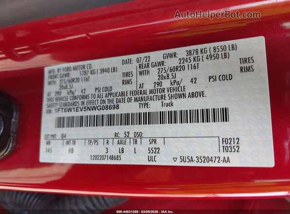 1FT6W1EV5NWG08698 2022 FORD F-150 LIGHTNING Red VIN sticker view