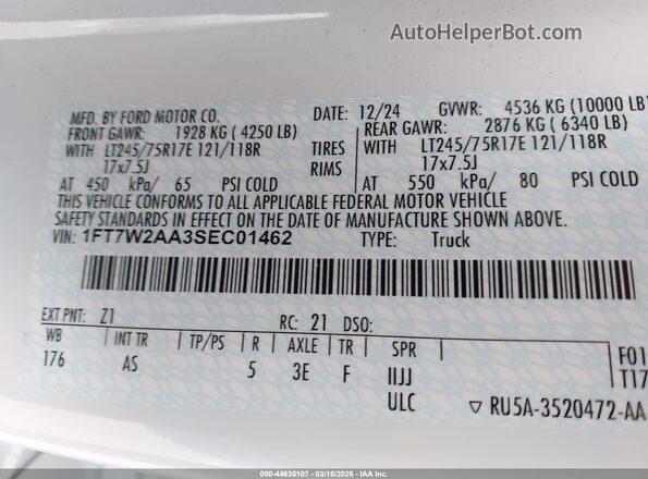 1FT7W2AA3SEC01462 2025 FORD F-250 Белый Вид подкапотного пространства