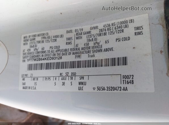1FT7W2B64KED93128 2019 FORD F-250 White 
