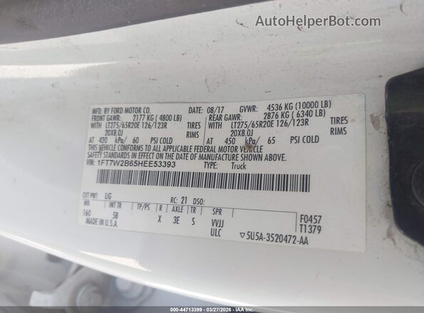 1FT7W2B65HEE53393 2017 FORD F-250 White Vista del compartimento del motor