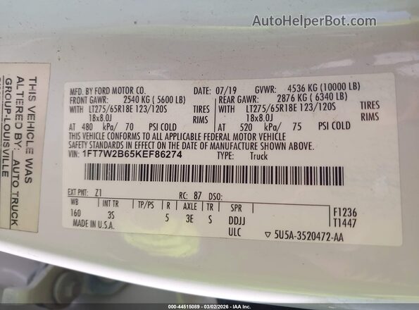 1FT7W2B65KEF86274 2019 FORD F-250 White Вид підкапотного простору