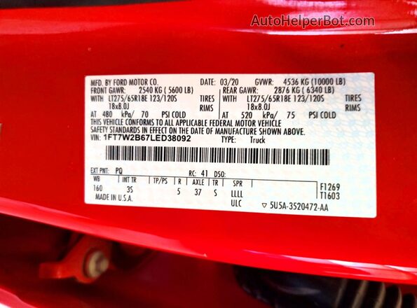 1FT7W2B67LED38092 2020 FORD F250 Red 