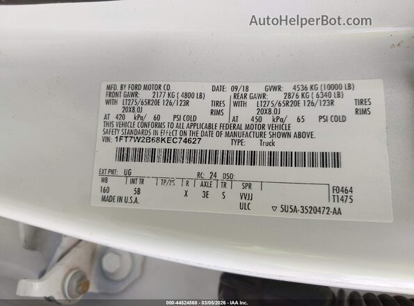 1FT7W2B68KEC74627 2019 FORD F-250 White 