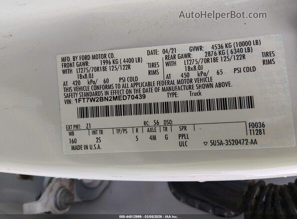 1FT7W2BN2MED70439 2021 FORD F-250 White ძრავის განყოფილების ხედი