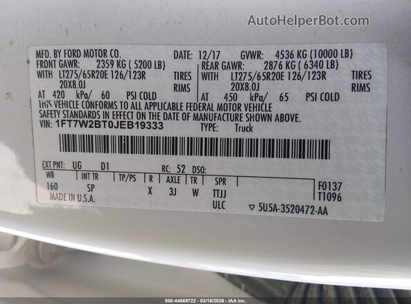 1FT7W2BT0JEB19333 2018 FORD F-250 White Widok komory silnika