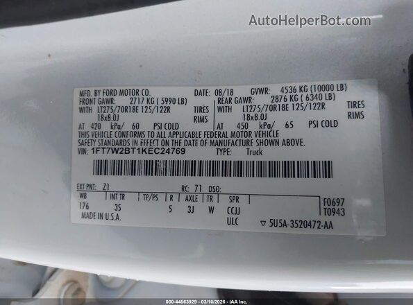 1FT7W2BT1KEC24769 2019 FORD F-250 White Widok komory silnika