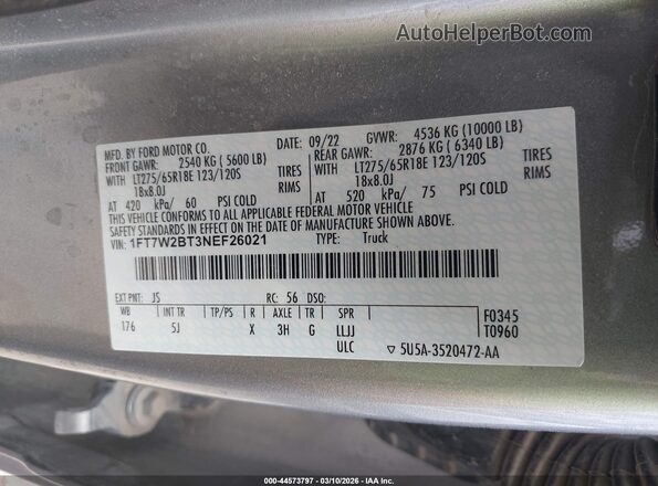1FT7W2BT3NEF26021 2022 FORD F-250 Gray ძრავის განყოფილების ხედი