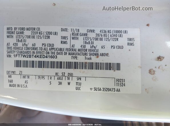 1FT7W2BT4KED41603 2019 FORD F-250 White Engine compartment view