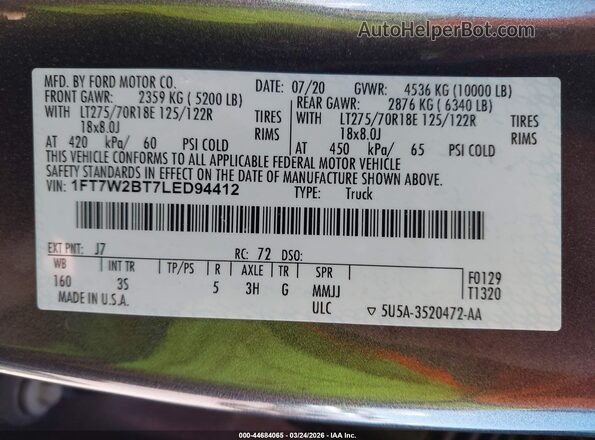 1FT7W2BT7LED94412 2020 FORD F-250 Gray Vista del compartimento del motor