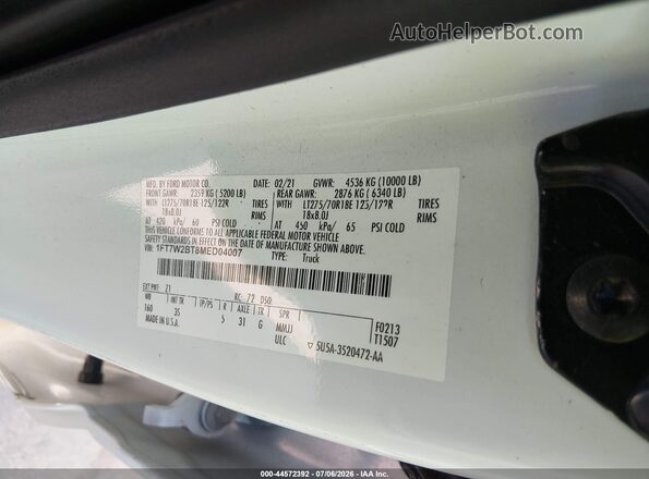 1FT7W2BT8MED04007 2021 FORD F-250 White Շարժիչի բաժամունքի տեսք