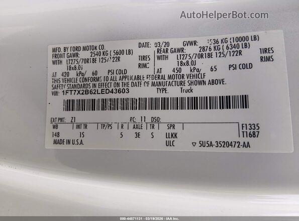 1FT7X2B62LED43603 2020 FORD F-250 White VIN კოდის სტიკერის ხედი