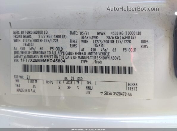 1FT7X2B69MED45804 2021 FORD F-250 White Widok komory silnika