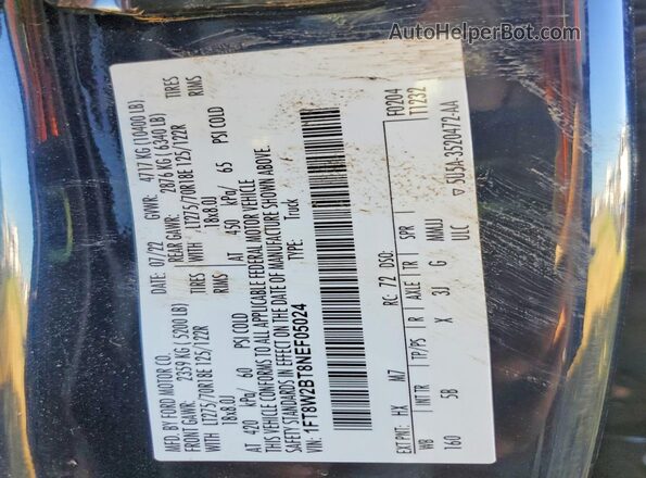 1FT8W2BT8NEF05024 2022 FORD F250 Blue Widok naklejki z numerem VIN