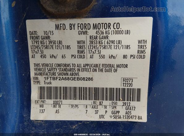 1FTBF2A68GEB08286 2016 FORD F-250 Blue Vista del compartimento del motor