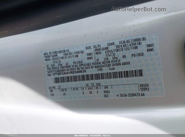 1FTBF2AA1RED49839 2024 FORD F-250 White Vista del compartimento del motor