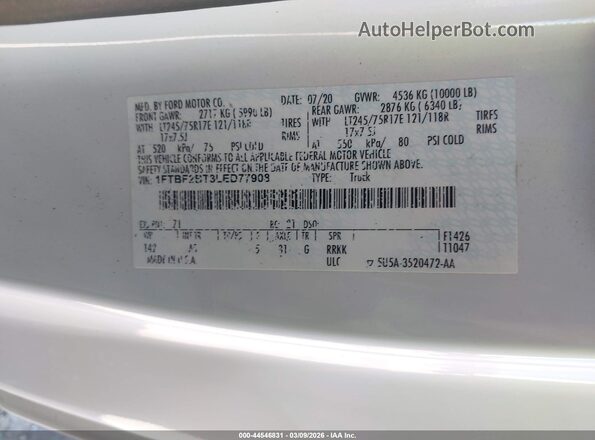 1FTBF2BT3LED77908 2020 FORD F-250 White Widok komory silnika