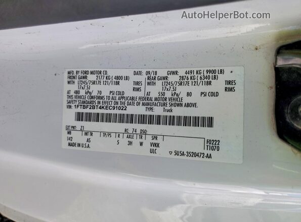 1FTBF2BT4KEC91022 2019 FORD F250 Белый 