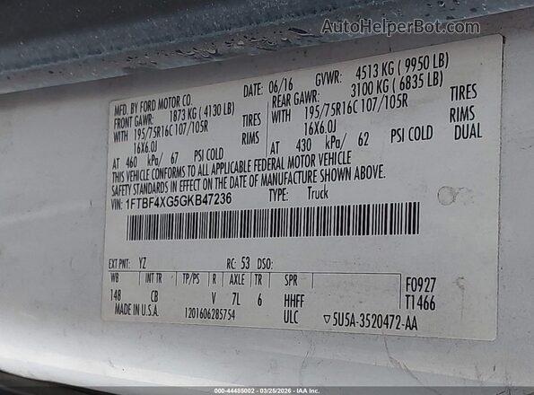 1FTBF4XG5GKB47236 2016 FORD TRANSIT-350 White Vista del compartimento del motor