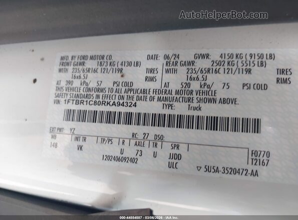1FTBR1C80RKA94324 2024 FORD TRANSIT-250 White Widok komory silnika