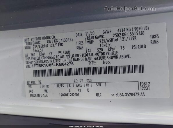 1FTBR1C85LKB64276 2020 FORD TRANSIT-250 White Vista del compartimento del motor