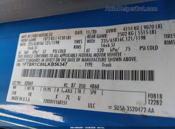 1FTBR1C86LKB56347 2020 FORD TRANSIT-250 White Շարժիչի բաժամունքի տեսք