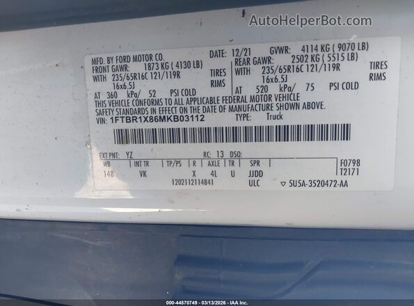 1FTBR1X86MKB03112 2021 FORD TRANSIT-250 White Շարժիչի բաժամունքի տեսք