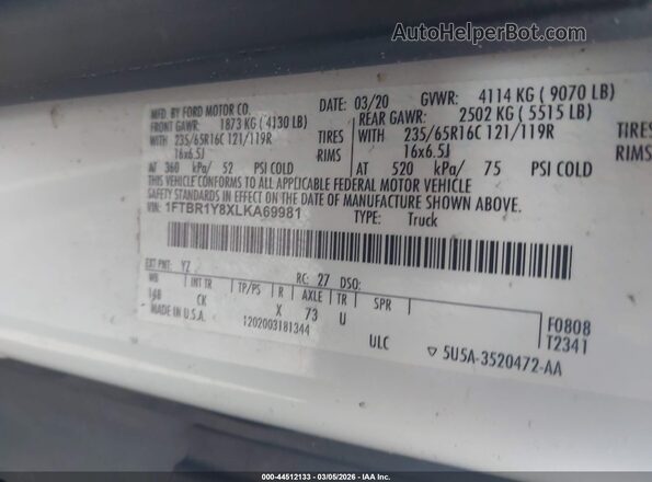 1FTBR1Y8XLKA69981 2020 FORD TRANSIT-250 White 