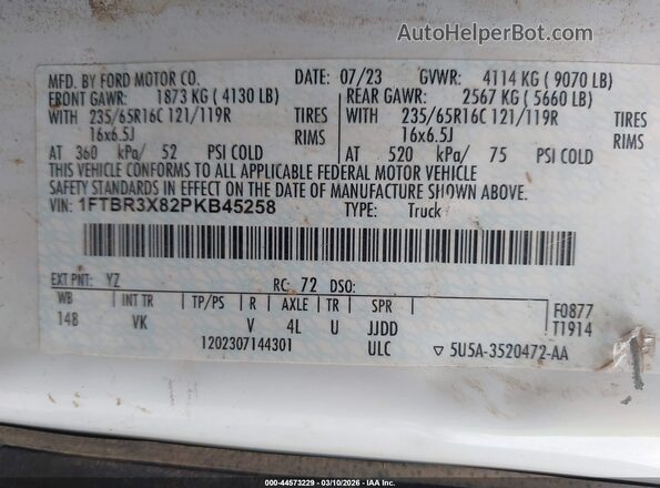 1FTBR3X82PKB45258 2023 FORD TRANSIT-250 White Widok naklejki z numerem VIN