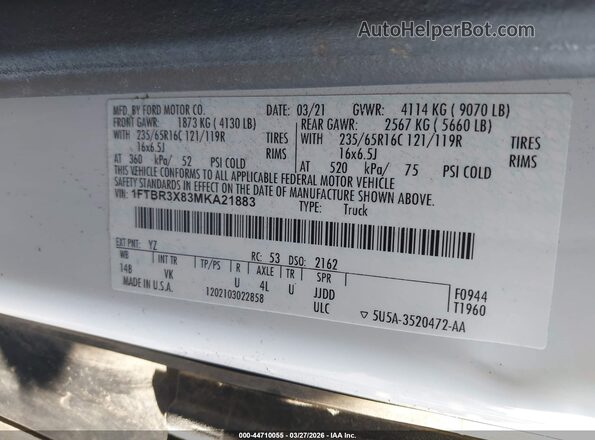 1FTBR3X83MKA21883 2021 FORD TRANSIT-250 White Widok komory silnika
