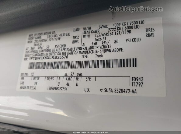 1FTBW3X8XLKB35578 2020 FORD TRANSIT-350 White 