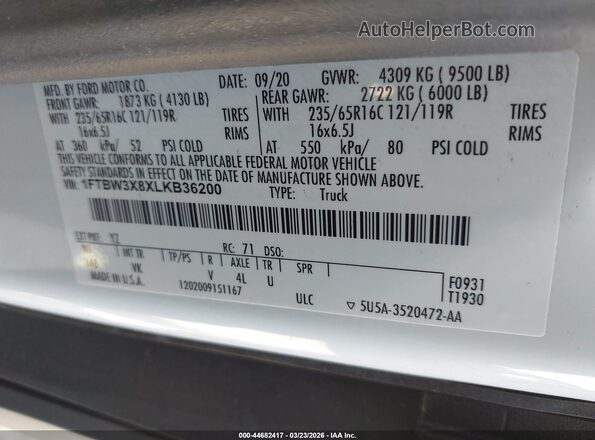 1FTBW3X8XLKB36200 2020 FORD TRANSIT-350 White 