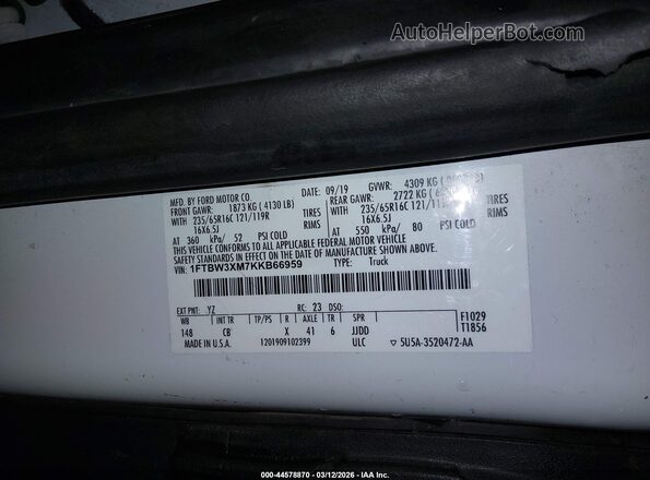 1FTBW3XM7KKB66959 2019 FORD TRANSIT-350 White Vista del compartimento del motor