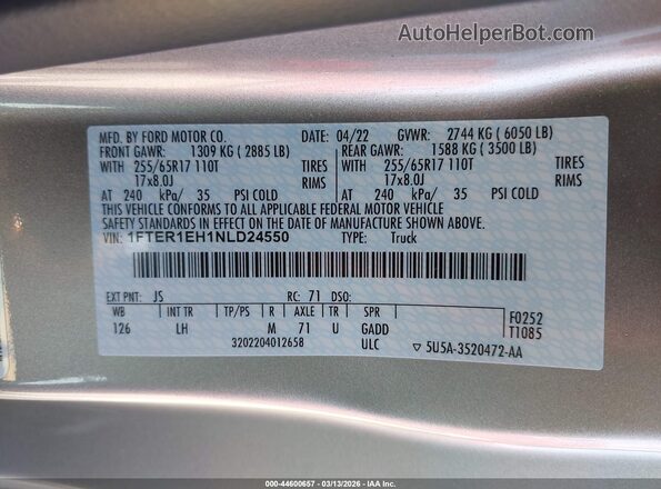 1FTER1EH1NLD24550 2022 FORD RANG Silver ძრავის განყოფილების ხედი