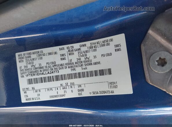 1FTER1EH4LLA24773 2020 FORD RANG Blue Widok komory silnika