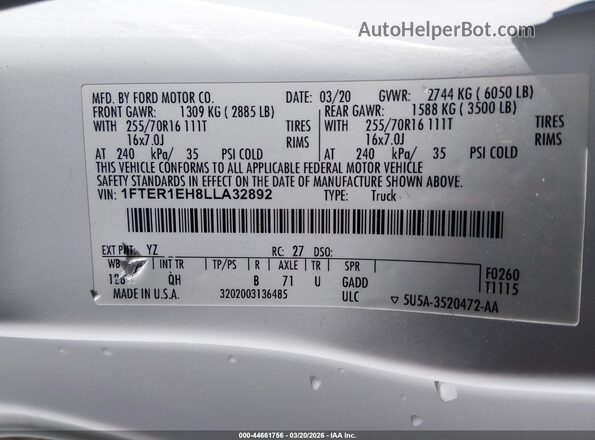 1FTER1EH8LLA32892 2020 FORD RANG White ძრავის განყოფილების ხედი