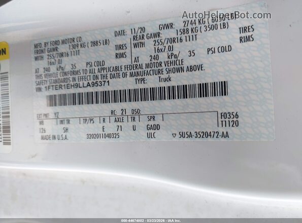 1FTER1EH9LLA95371 2020 FORD RANG White Vista del compartimento del motor