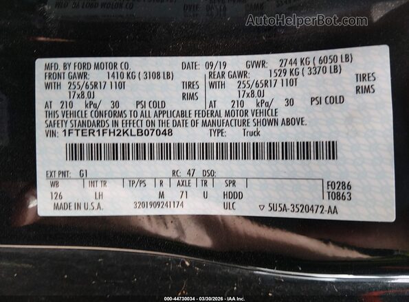 1FTER1FH2KLB07048 2019 FORD RANG Black Շարժիչի բաժամունքի տեսք