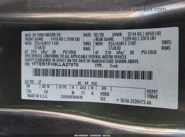 1FTER1FH9LLA27070 2020 FORD RANG Gray 