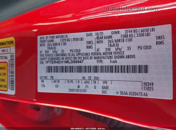 1FTER4EH1MLD89947 2021 FORD RANG Red ძრავის განყოფილების ხედი