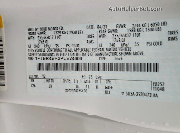 1FTER4EH2PLE24404 2023 FORD RANG White ძრავის განყოფილების ხედი