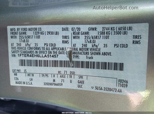 1FTER4EH6LLA51457 2020 FORD RANG Silver Вид підкапотного простору