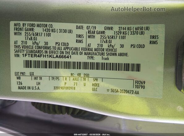 1FTER4FH1KLA66641 2019 FORD RANG Серебряный 