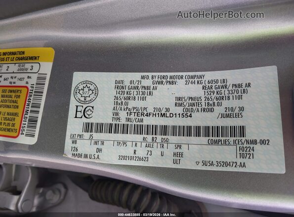 1FTER4FH1MLD11554 2021 FORD RANG Silver Շարժիչի բաժամունքի տեսք