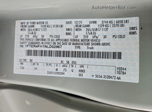 1FTER4FH1NLD02967 2022 FORD RANG Серый 