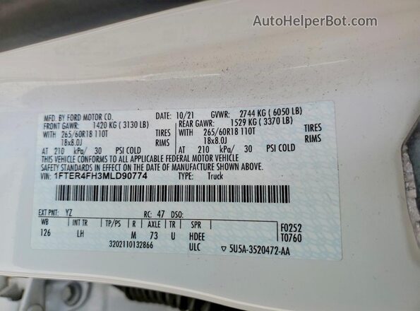 1FTER4FH3MLD90774 2021 FORD RANG White ძრავის განყოფილების ხედი