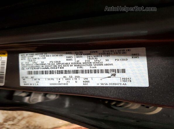 1FTER4FH4MLD02749 2021 FORD RANG Gray VIN კოდის სტიკერის ხედი