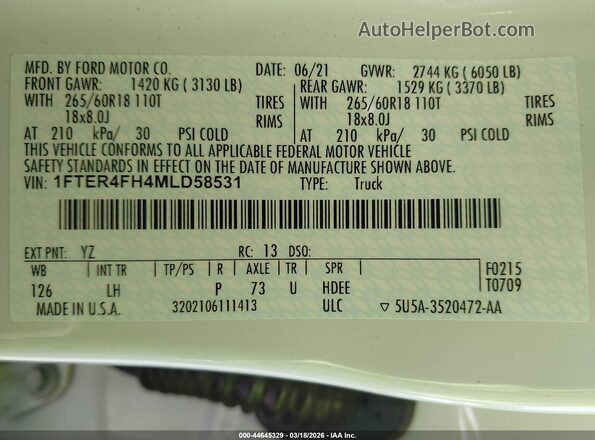 1FTER4FH4MLD58531 2021 FORD RANG White 
