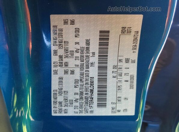 1FTER4FH4MLD89018 2021 FORD RANG Blue VIN კოდის სტიკერის ხედი